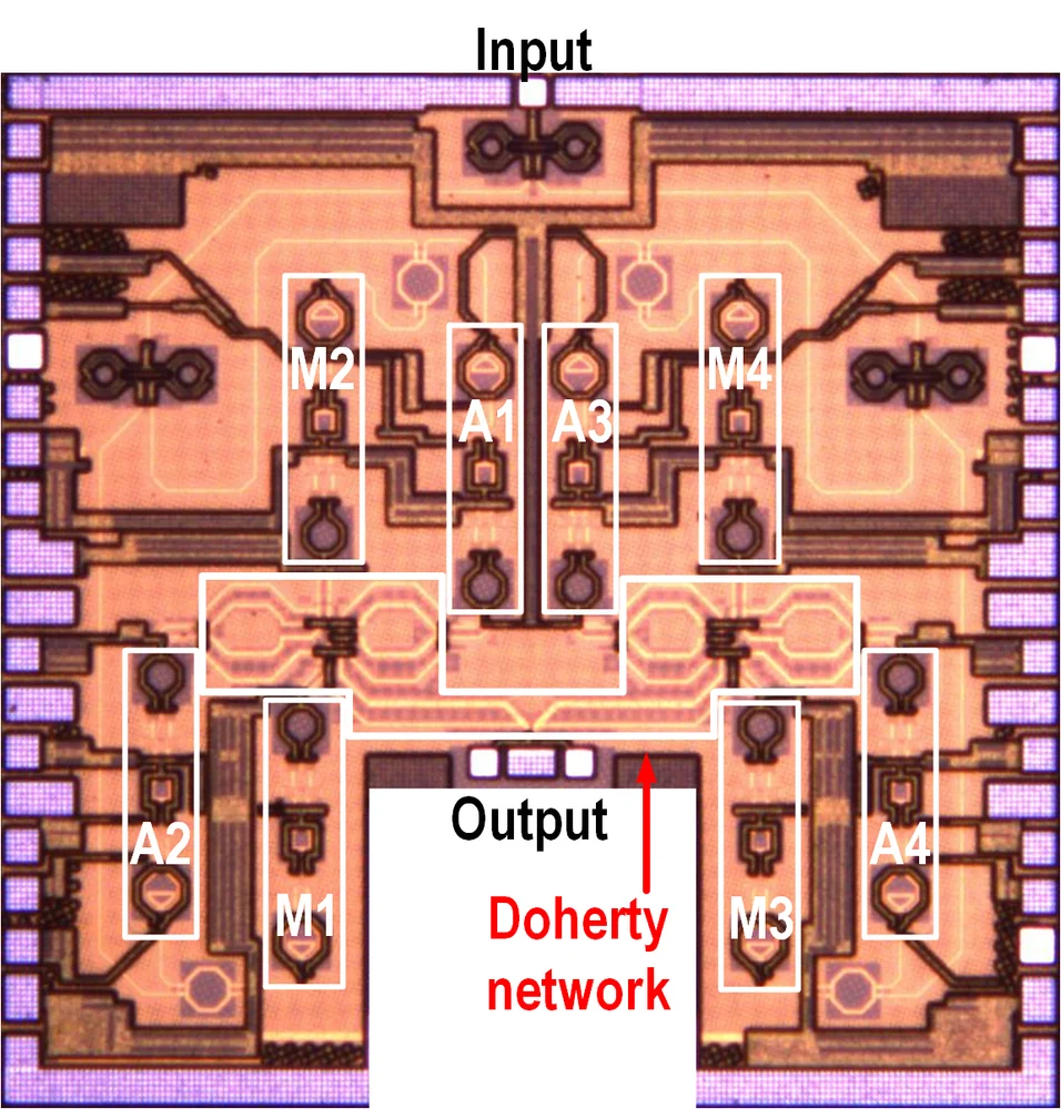 Watt-level Doherty PA die micrograph
